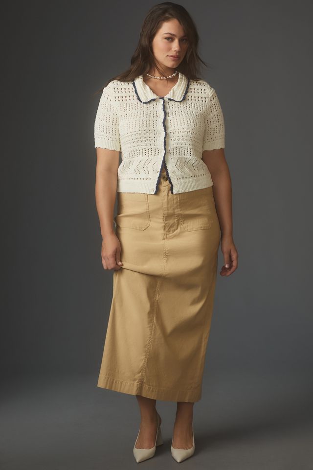 Maeve Short-Sleeve Open-Stitch Polo Cardigan Sweater #6