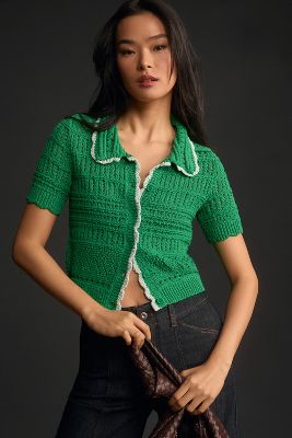 Shop Maeve Short-sleeve Open-stitch Polo Cardigan Sweater In Green