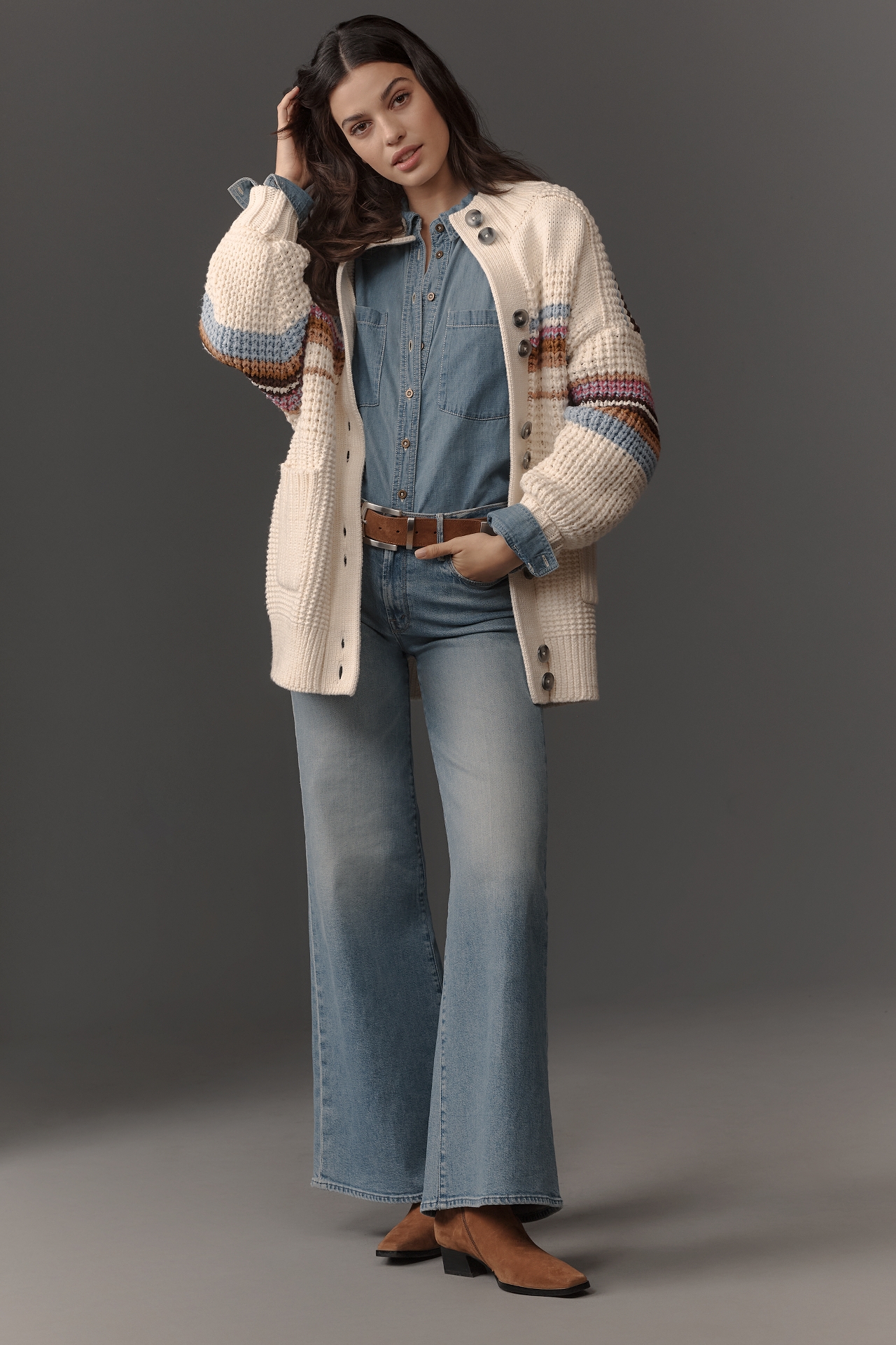 Maeve High-Collar Mixed-Stitch Cardigan Sweater