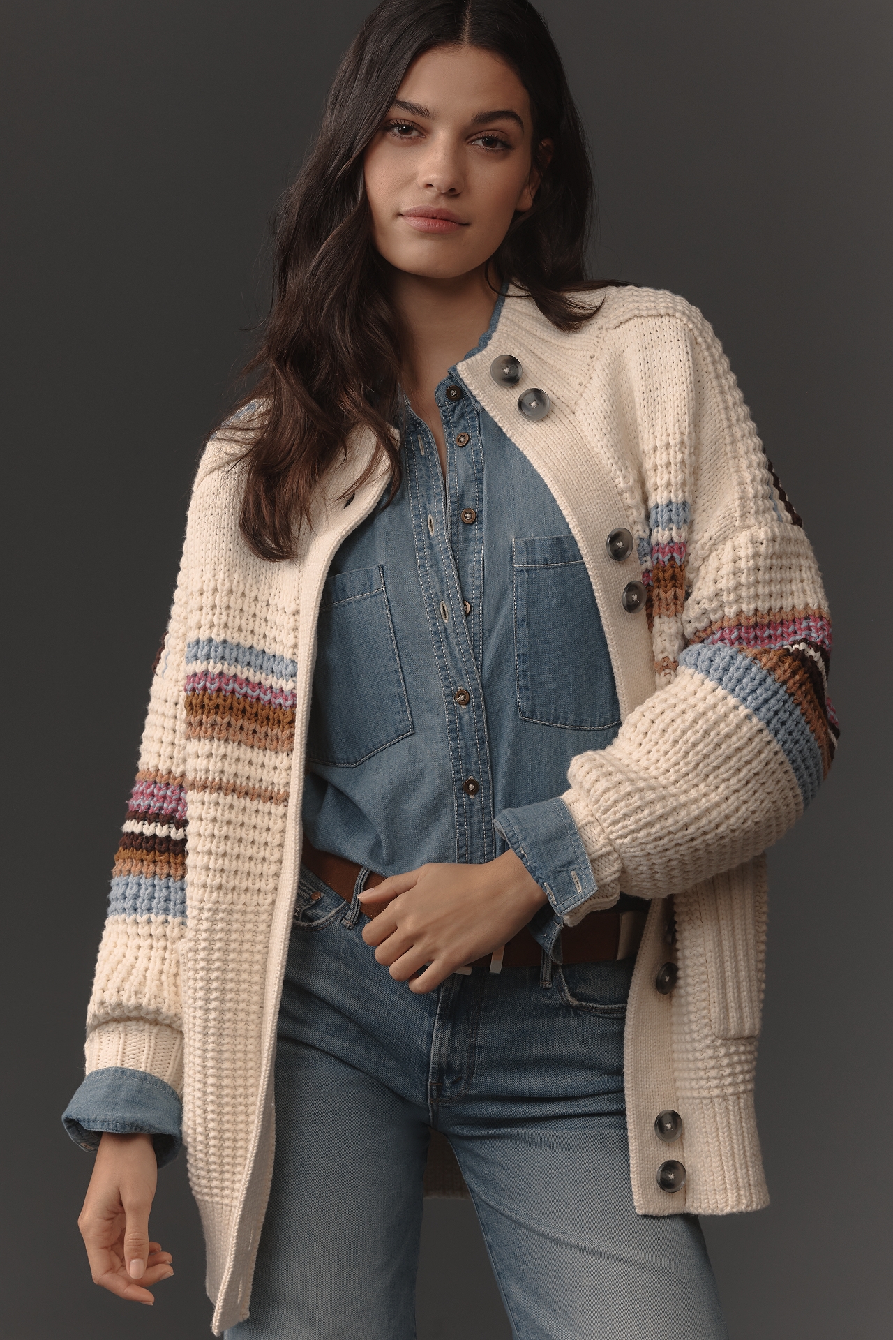 Maeve High-Collar Mixed-Stitch Cardigan Sweater