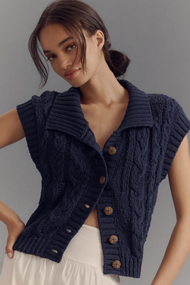 PILCRO COLLARED CABLE CARDIGAN SWEATER VEST 