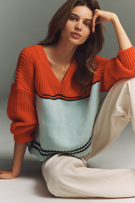 Maeve V-neck Nautical Linen-blend Sweater In Blue