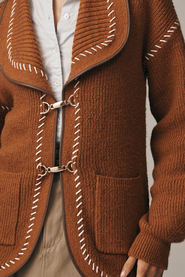 Maeve Faux-Leather Trim Whipstitch Cardigan Sweater #1