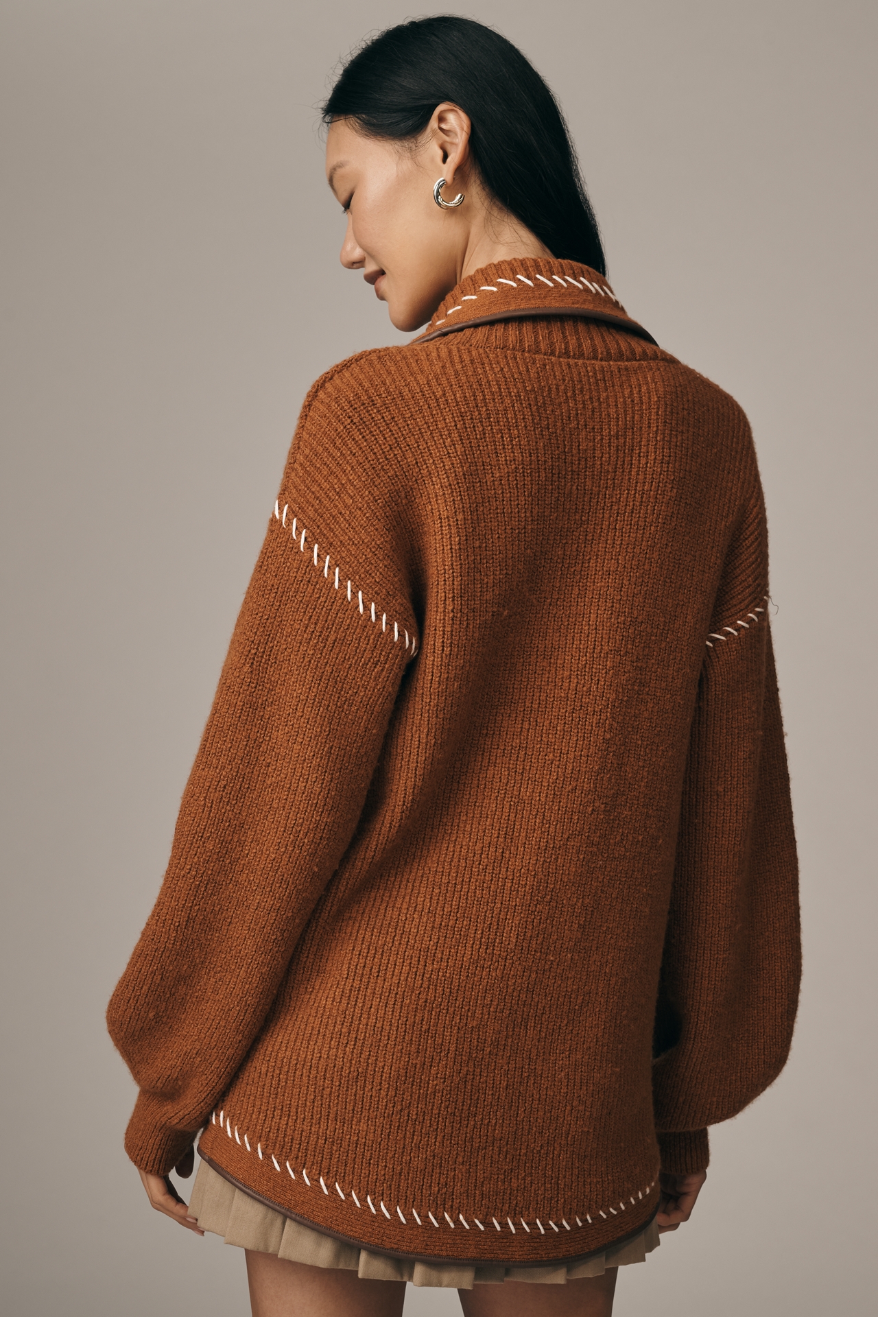 Maeve Faux-Leather Trim Whipstitch Cardigan Sweater
