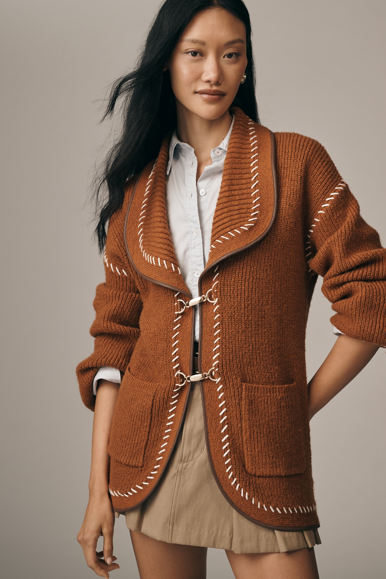 Maeve Faux-Leather Trim Whipstitch Cardigan Sweater