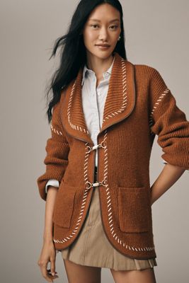 Maeve Faux-Leather Trim Whipstitch Cardigan Sweater