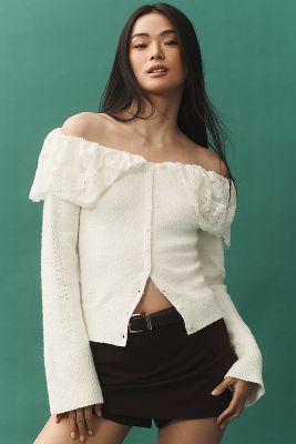 Shop Maeve Lace-collar Cardigan Sweater In White