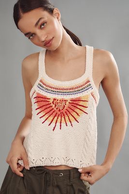 PILCRO SUNSHINE MOTIF FRINGED CROP SWEATER TANK TOP 