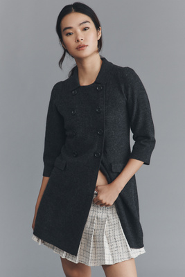 Maeve Double-breasted Merino Wool Long Cardigan Sweater In Gray