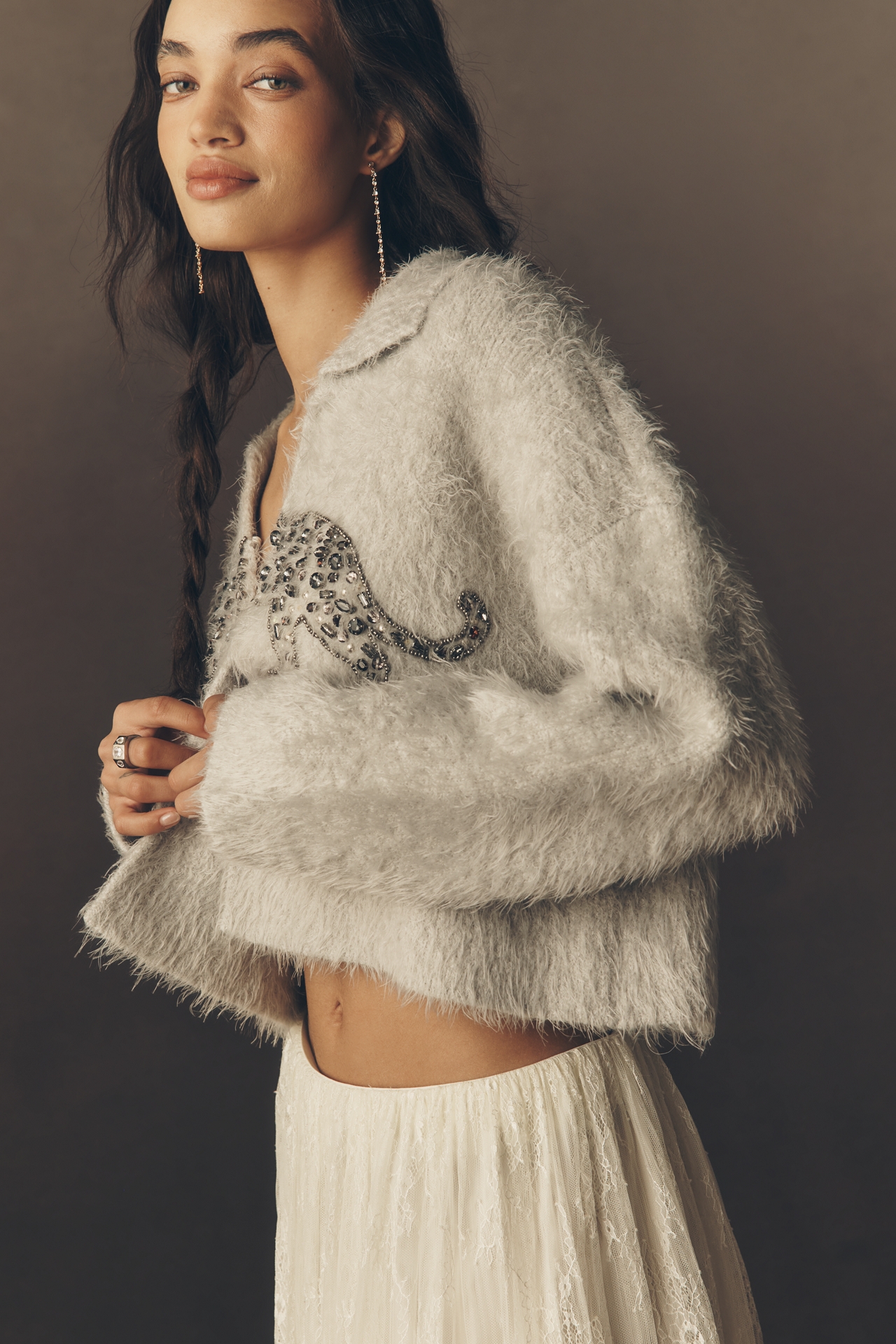 Pilcro Embellished Tiger Cardigan Sweater