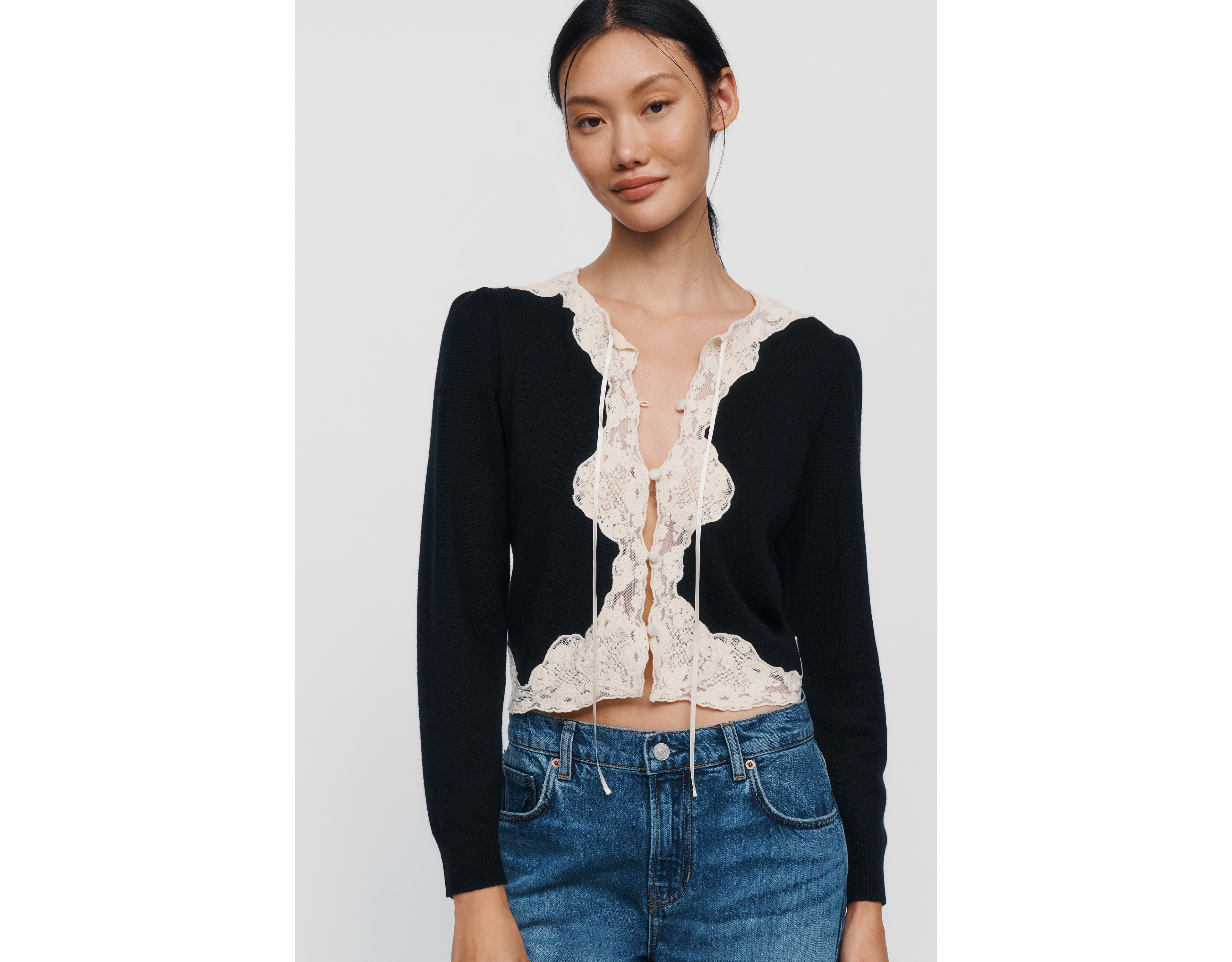RIXO Tassia Cashmere Wool Lace Trimmed Cardigan