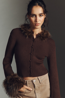 Apparis Rosa Pluche Faux-fur Trim Cardigan Sweater In Brown
