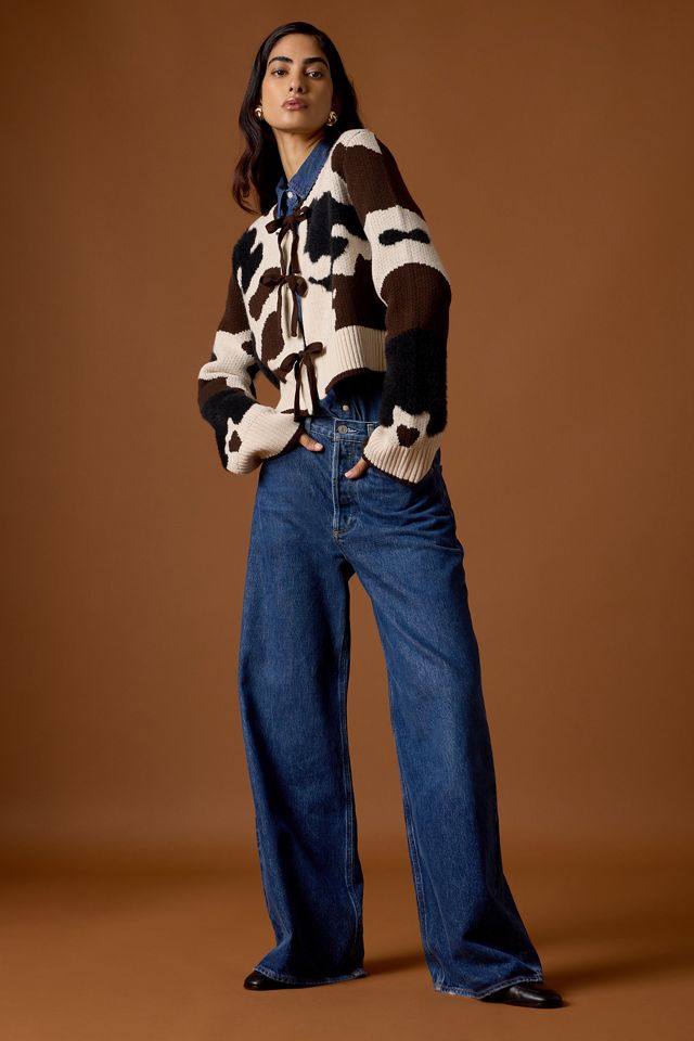 By Anthropologie Cow Print Tie-Front Cardigan #1