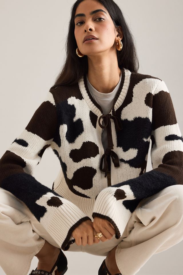 By Anthropologie Cow Print Tie-Front Cardigan #6