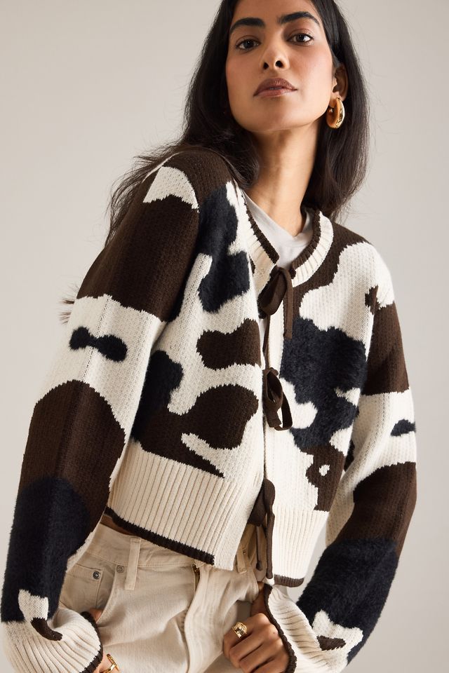 By Anthropologie Cow Print Tie-Front Cardigan #7