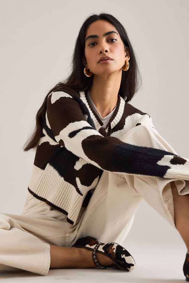 By Anthropologie Cow Print Tie-Front Cardigan #8