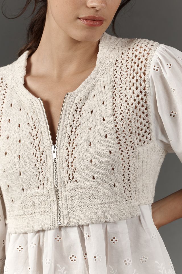 By Anthropologie Half-Zip Sweater Vest Eyelet Blouse #1
