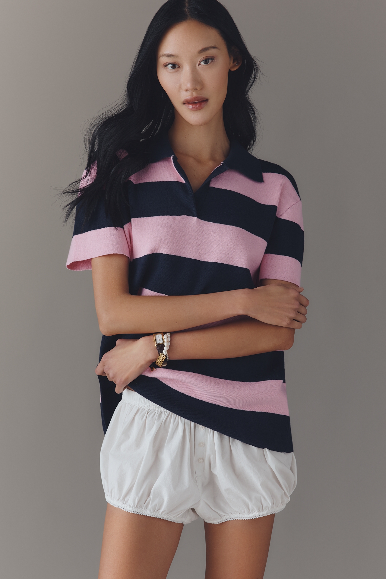 Maeve Boxy Short-Sleeve Rugby Polo Top