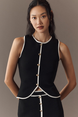Endless Rose Crew-neck Piped Cardigan Sweater Tank In Black