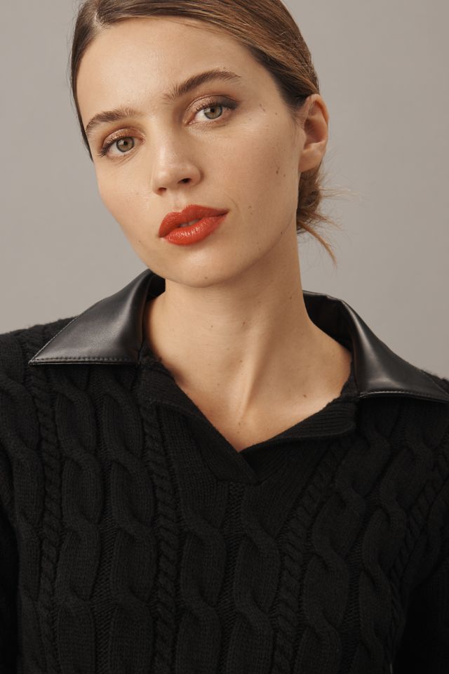 Endless Rose Faux-Leather Collared Cable Sweater #3