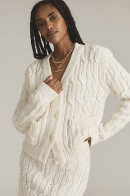 Endless Rose Cable Knit Cardigan Sweater In White
