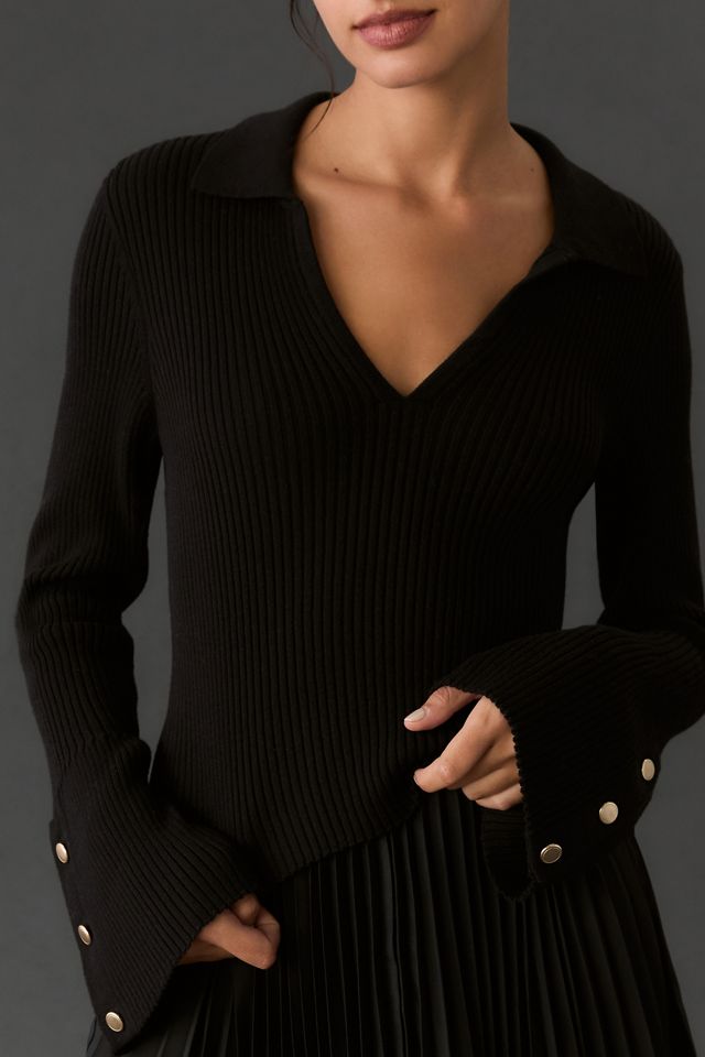 Maeve Bell-Sleeve Polo Sweater #3