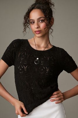Shop By Anthropologie Crochet Stitched Sweater Tee In Black