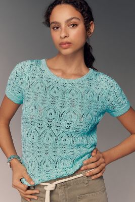 Shop By Anthropologie Crochet Stitched Knitted T-shirt In Blue