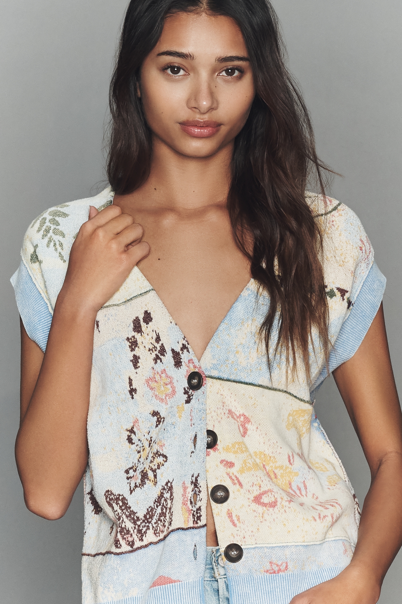 Pilcro Sleeveless Floral Cardigan Sweater