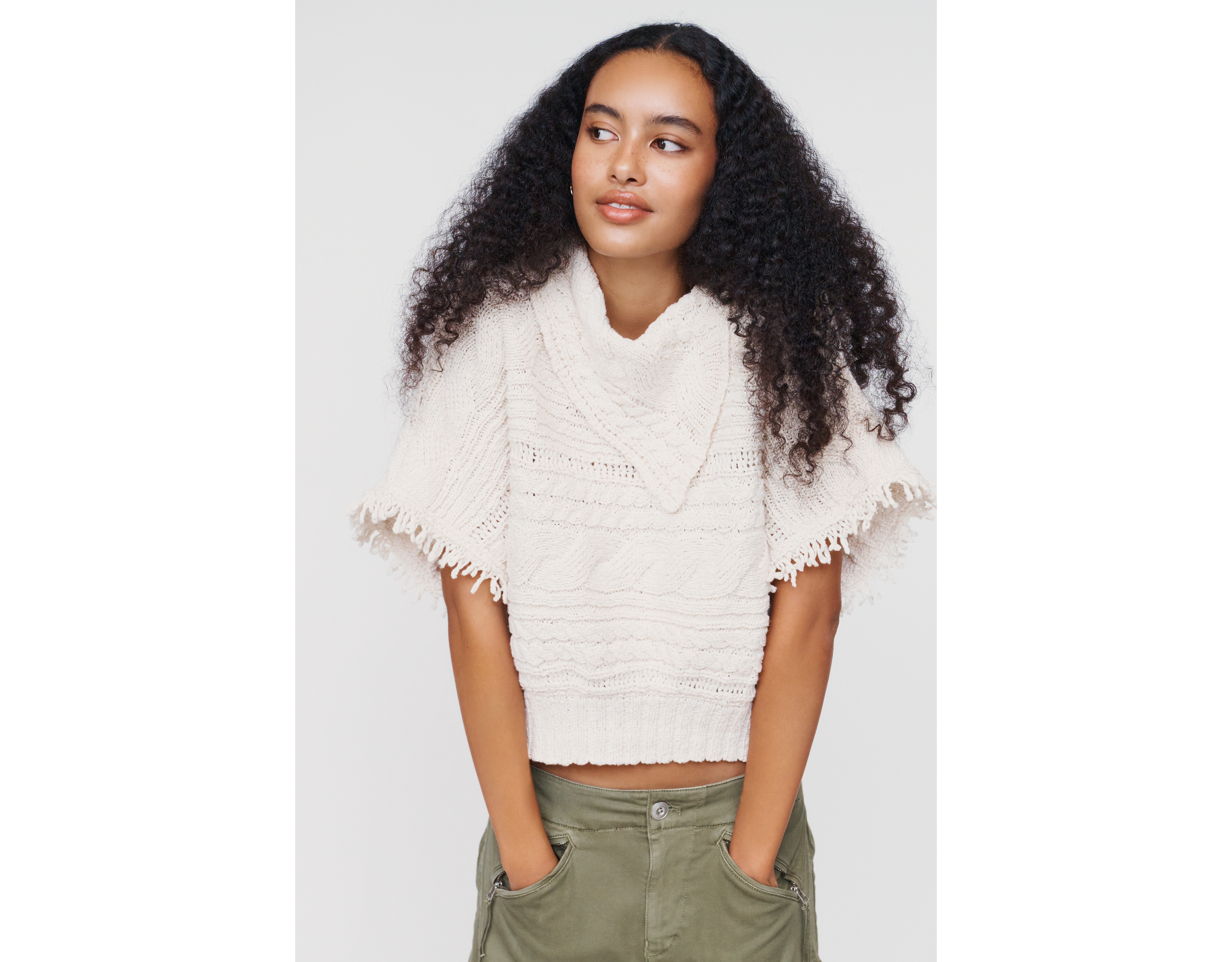 Pilcro Cable-Knit Fringed Sweater
