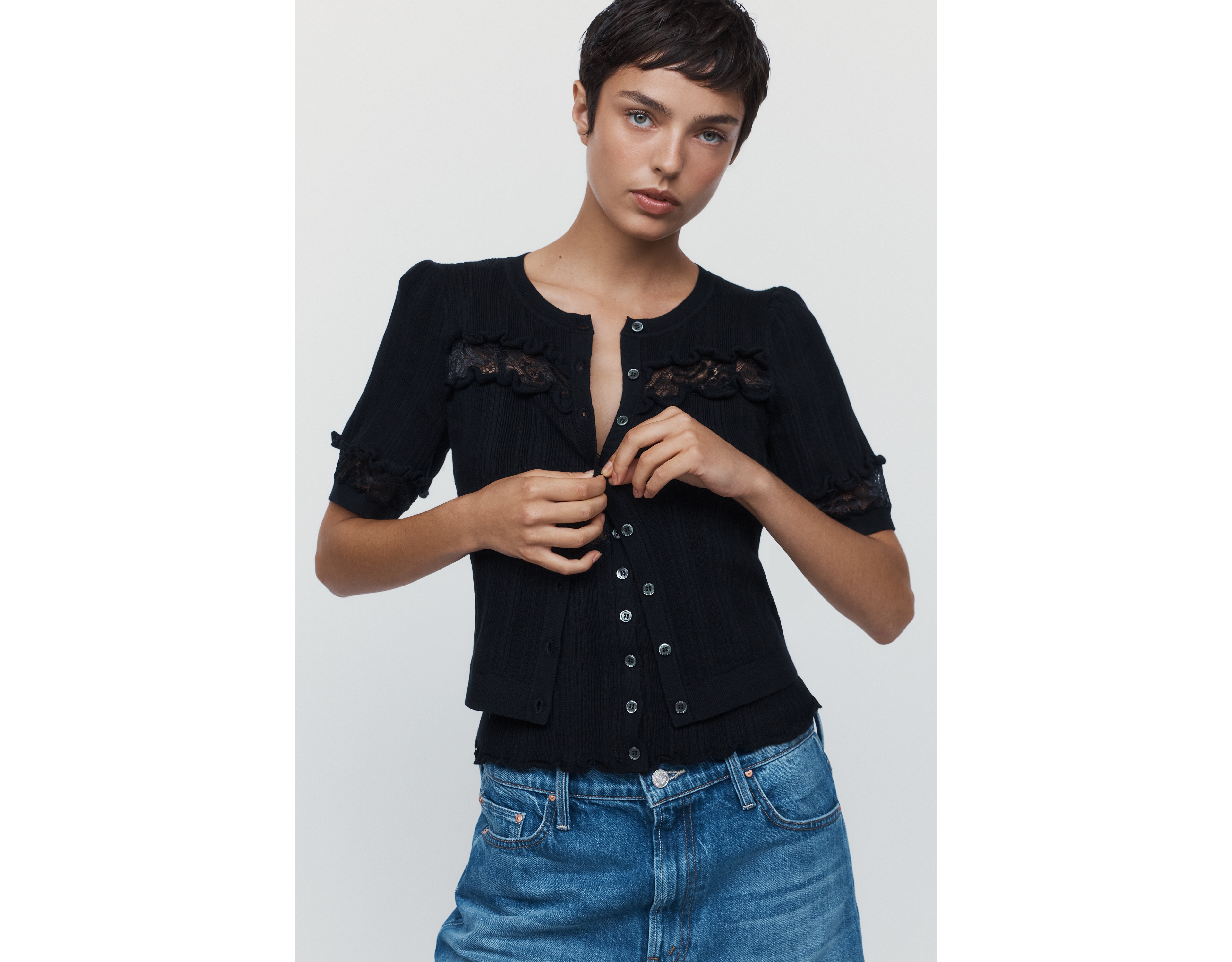 By Anthropologie Cashmere Cotton Lace Trim Cardigan
