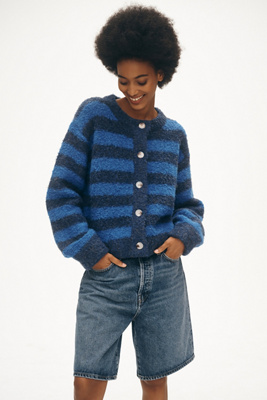FRNCH Crew-Neck Stripe Bouclé Cardigan Sweater | Anthropologie
