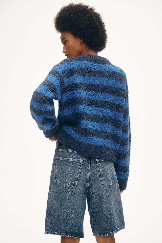 FRNCH Crew-Neck Stripe Bouclé Cardigan Sweater #1