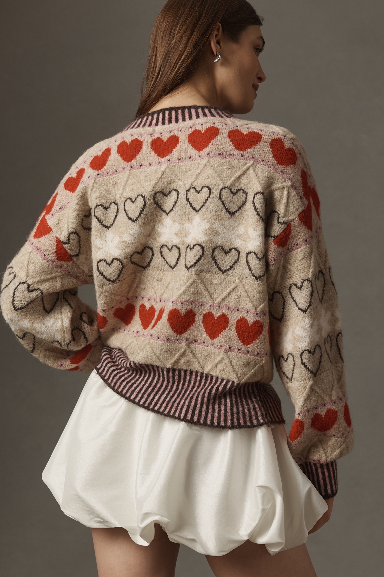 FRNCH Heart Long-Sleeve Crew-Neck Cardigan Sweater