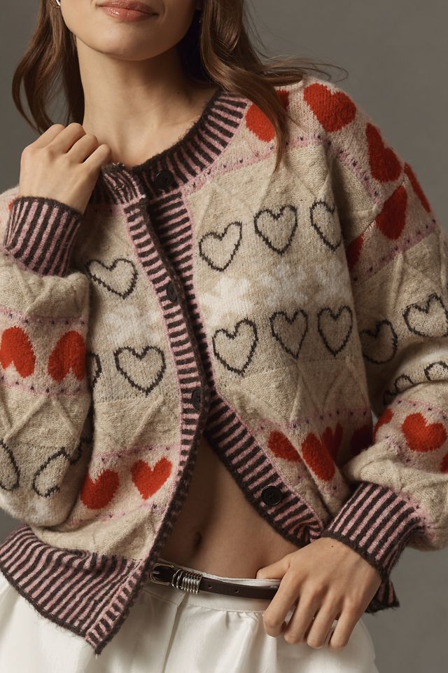 FRNCH Heart Long-Sleeve Crew-Neck Cardigan Sweater #3