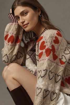 FRNCH Heart Long-Sleeve Crew-Neck Cardigan Sweater