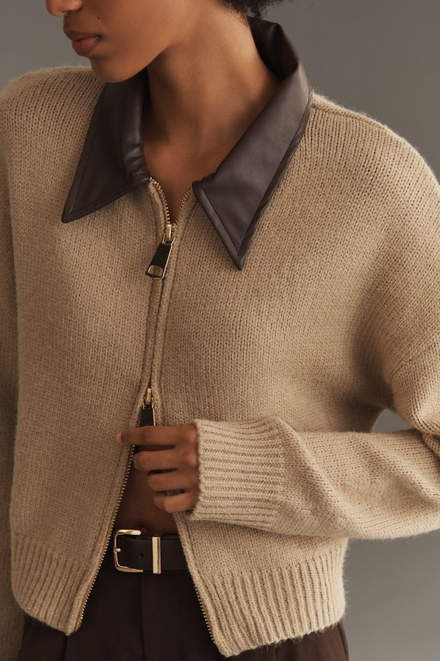 By Anthropologie Faux Leather Mixed Cardigan Sweater #2
