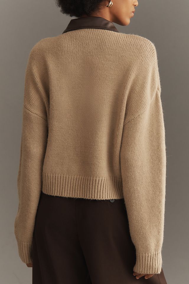 By Anthropologie Faux Leather Mixed Cardigan Sweater #3