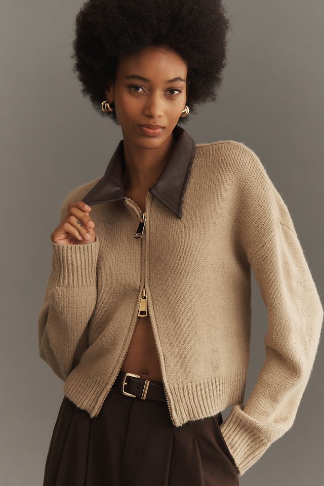 By Anthropologie Faux Leather Mixed Cardigan Sweater #1