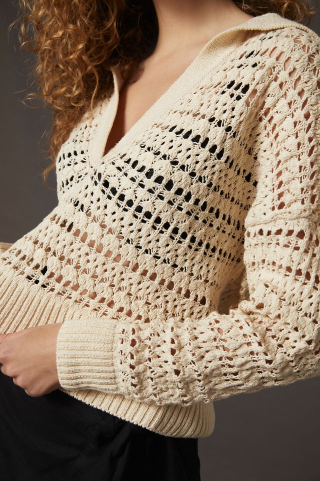 Open Stitch Polo Pullover Sweater #1