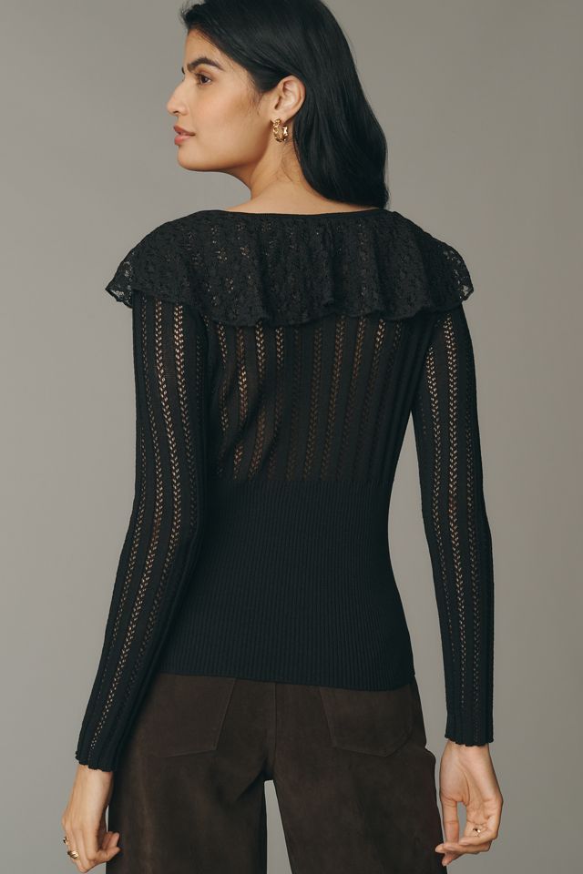 Maeve Sheer Ruffled Fitted Crewneck Sweater #1