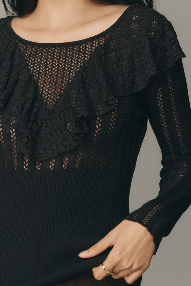 Maeve Sheer Ruffled Fitted Crewneck Sweater #2