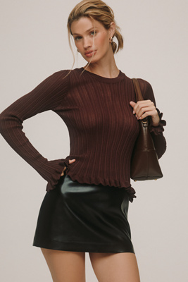 By Anthropologie Sheer Ruffle Hem Pullover Sweater In Purple