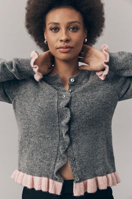 By Anthropologie Crew-Neck Ruffled Cardigan Sweater