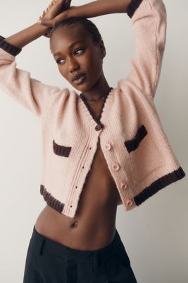 Maeve Tipped Crew-Neck Cardigan Sweater