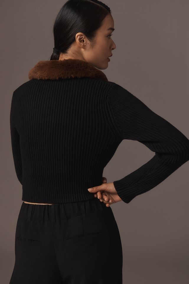 By Anthropologie Faux-Fur Collared Cardigan Sweater #1