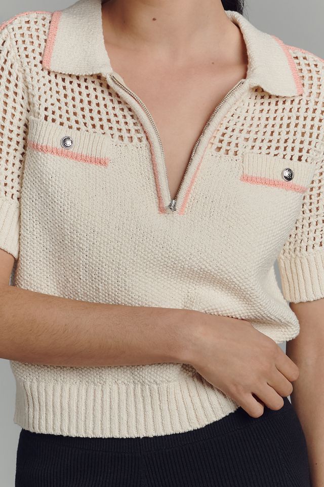 Central Park West Short-Sleeve Collared Open-Stitch Sweater #1