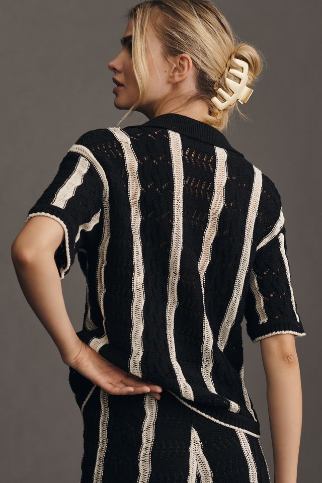 Central Park West Short-Sleeve Collared Open-Stitch Striped Sweater #1