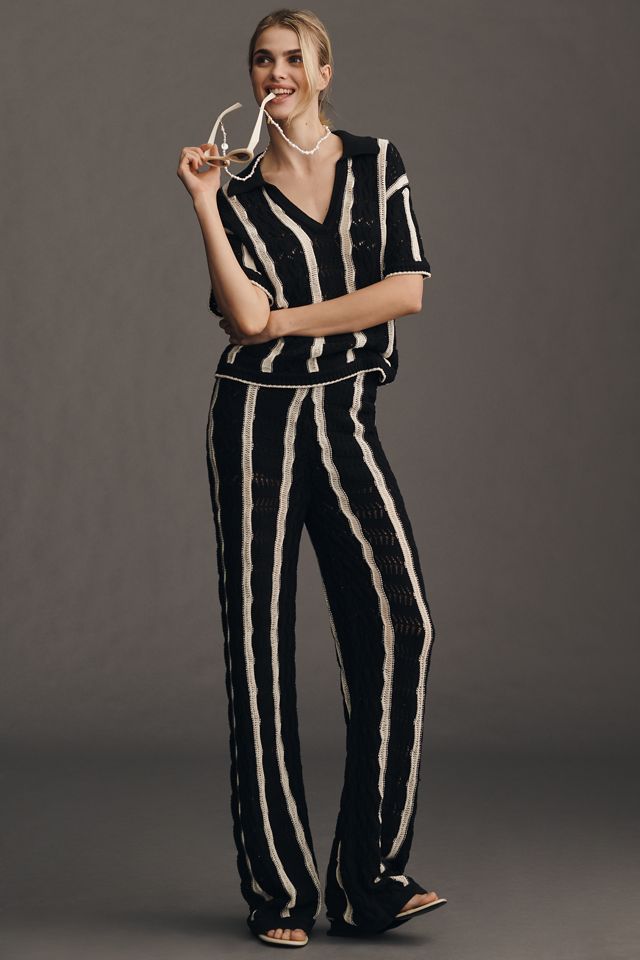 Central Park West Short-Sleeve Collared Open-Stitch Striped Sweater #2