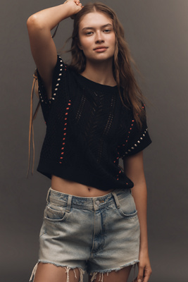 Central Park West Short-sleeve Crew-neck Open-stitch Sweater In Black